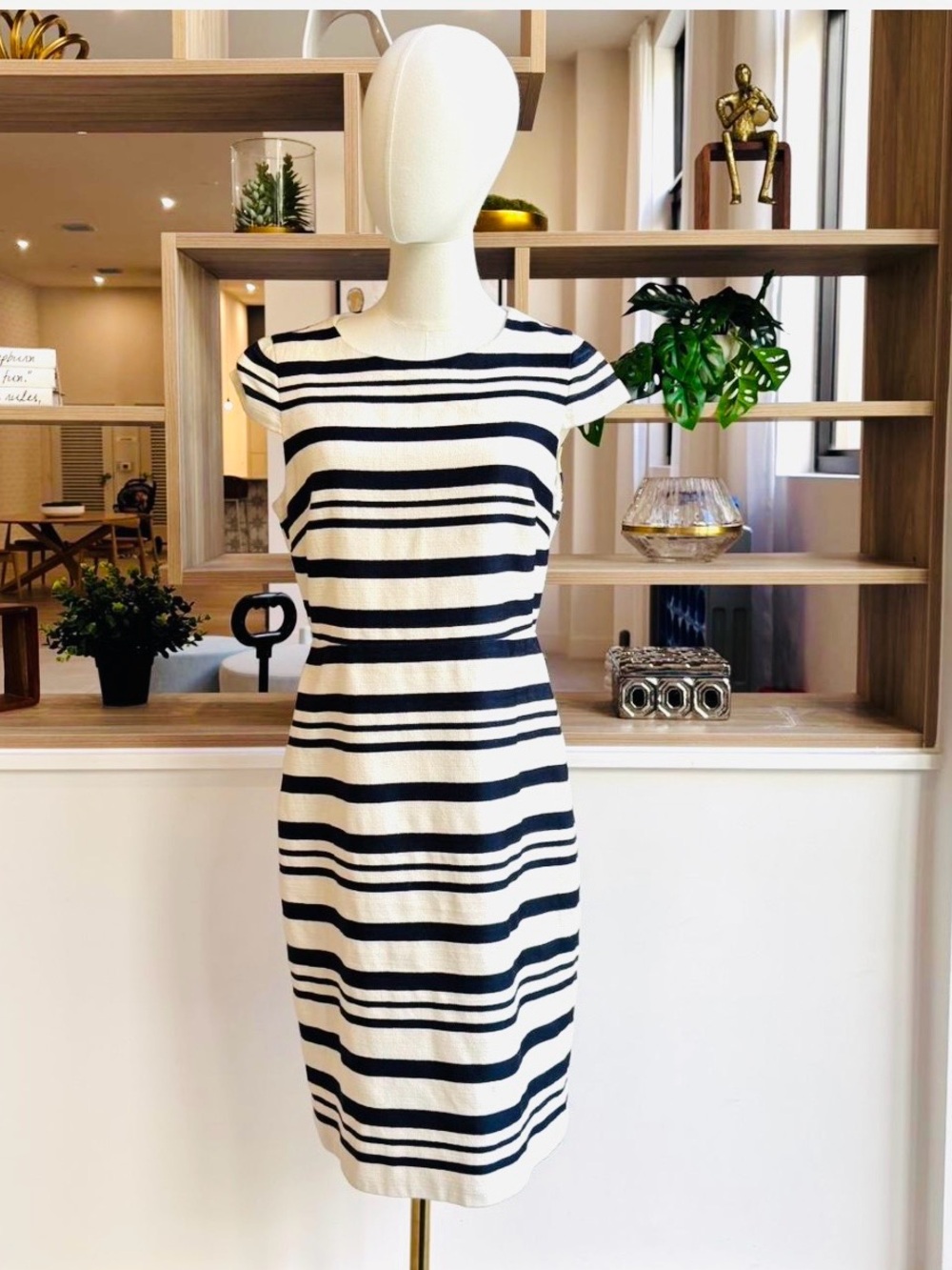 J. Crew Navy and White Striped Midi Sheath Dress